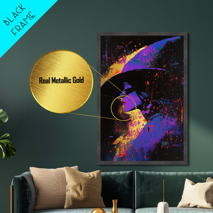 Witchy Woman Portrait Metallic Gold Art, Bold Metal Art Vibrant Purple Halloween Witch Wall Decor in Real Wood Frame Gothic Accent