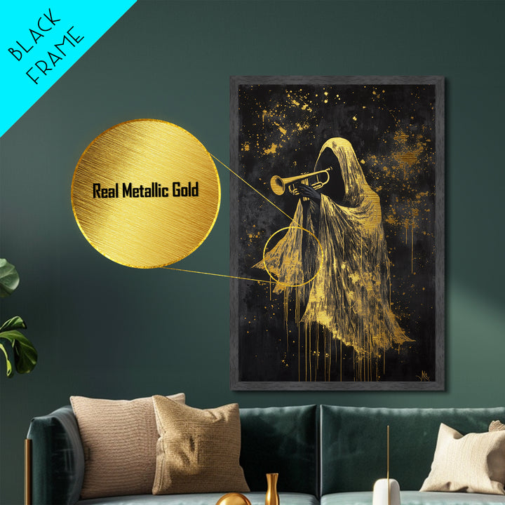 Trumpet-Playing Phantom Metallic Gold Art, Ghostly Musician Metal Art Halloween Wall Hanging in Natural Wood Frame Spooky Jazz Decor