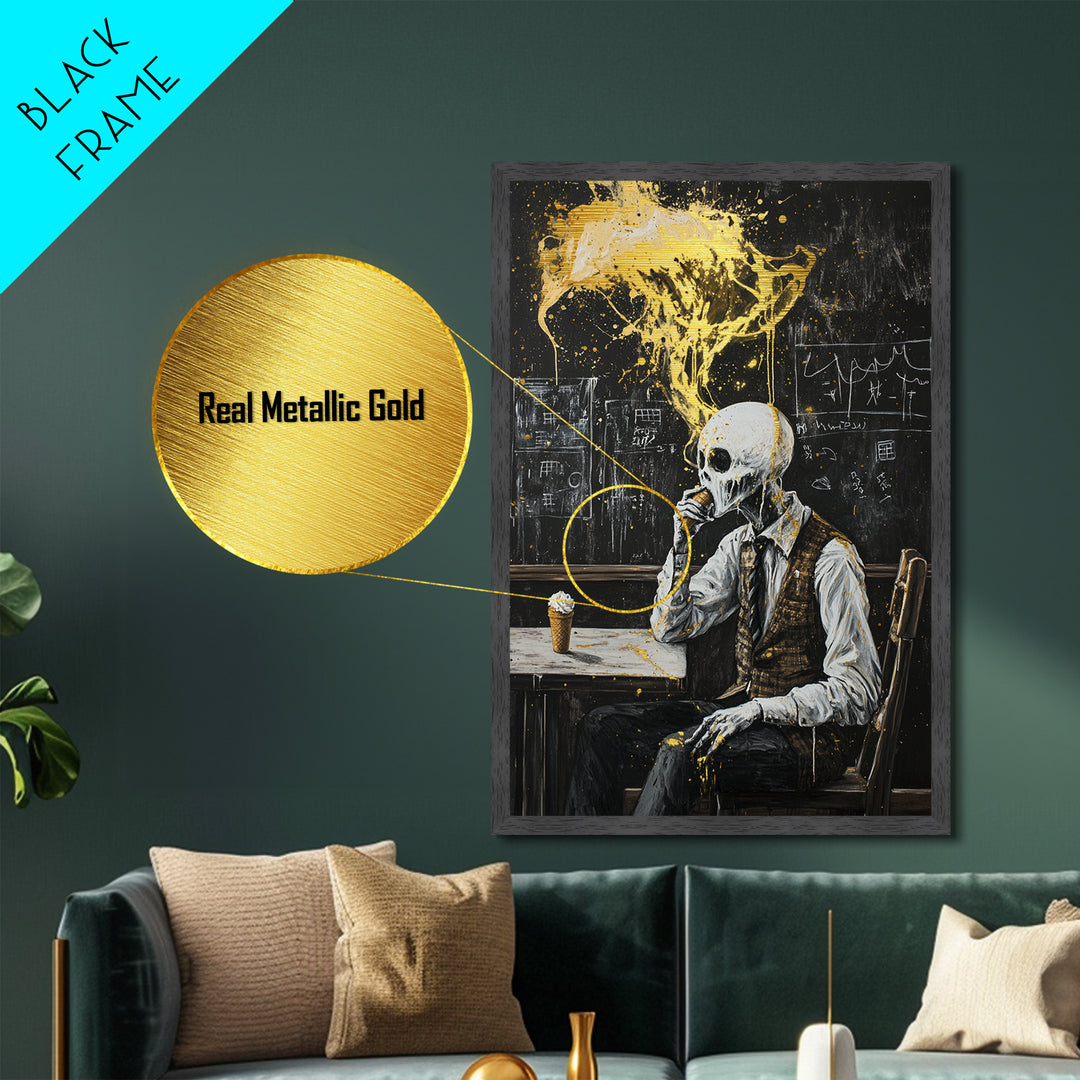 Skeleton Eating Ice Cream Metallic Gold Art, Quirky Metal Art Creepy Halloween Wall Decor Framed in Real Wood for Spooky Season
