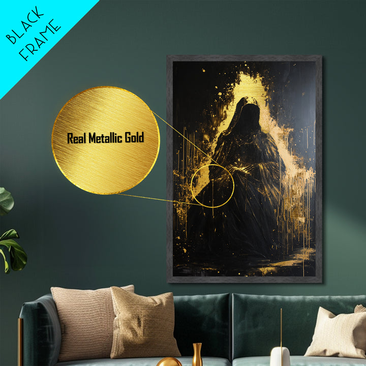 Dark Hooded Phantom Metallic Gold Art, Gothic Metal Art Haunted Shadow Figure Wall Decor in Natural Wood Frame for Halloween Atmosphere