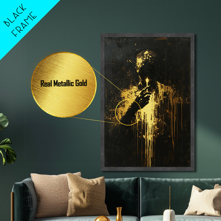 Haunted Silhouette Holding Candle – Spooky Metallic Gold Art, Gothic Horror Metal Art, Framed in Natural Real Wood