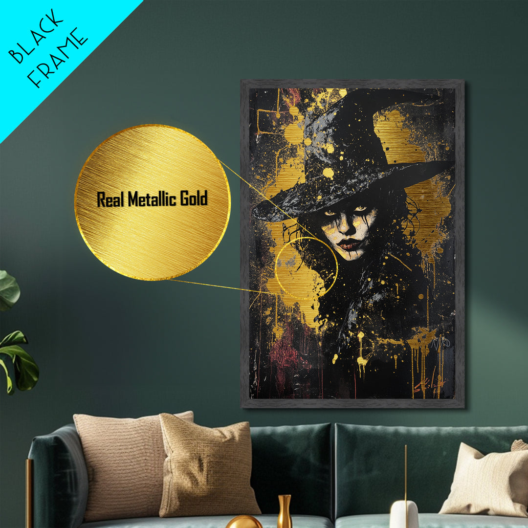 Witchy Woman Portrait with Hat – Metallic Gold Art Halloween Wall Decor, Gothic Metal Art, Dark Glam with Real Wood Frame