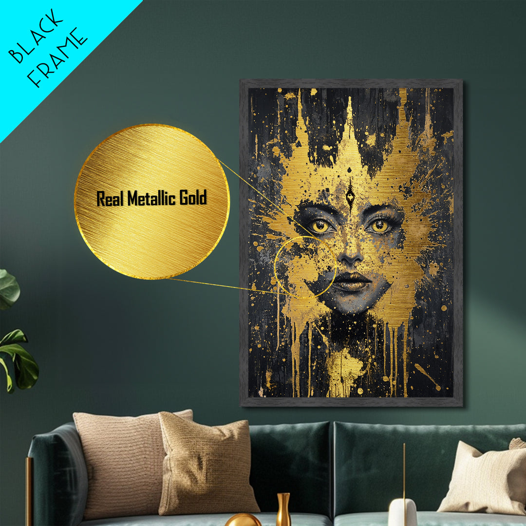 Mystic Third Eye Goddess – Metallic Gold Art, Spooky Season Witchy Metal Art, Occult Halloween Decor in Real Wood Frame