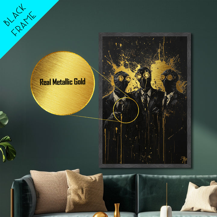 Steampunk Horror Trio – Gothic Plague Mask Characters, Metallic Gold Art, Creepy Halloween Metal Art, Natural Wood Framing