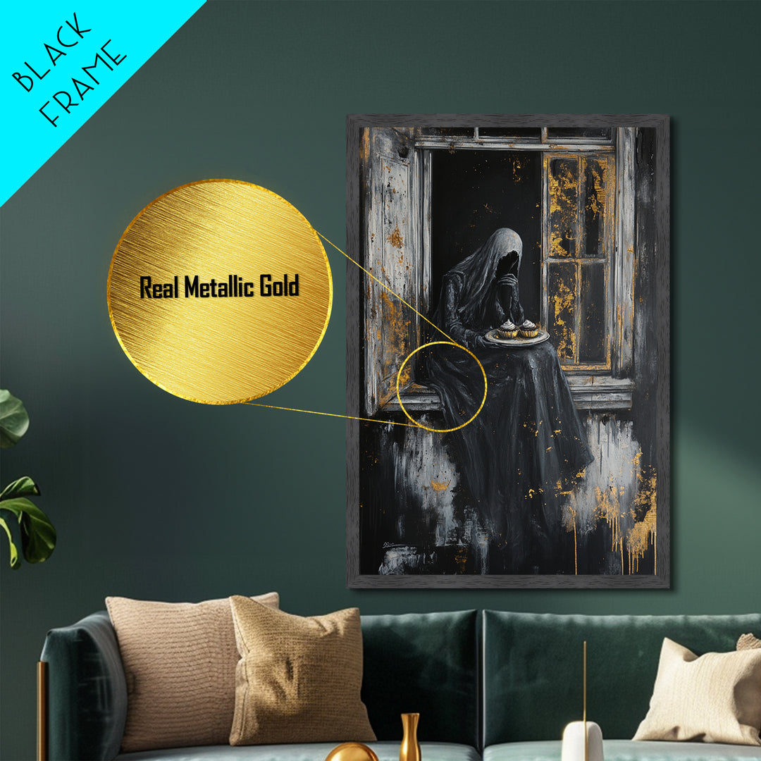 Haunting Widow in Window – Metallic Gold Art, Spooky Gothic Metal Art, Creepy Halloween Decor with Real Wood Framing