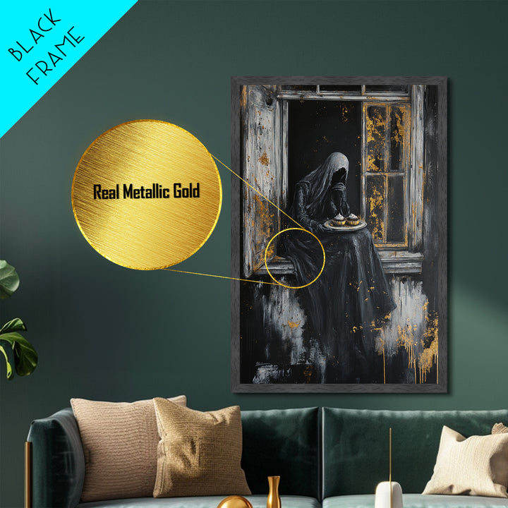 Haunting Widow in Window – Metallic Gold Art, Spooky Gothic Metal Art, Creepy Halloween Decor with Real Wood Framing