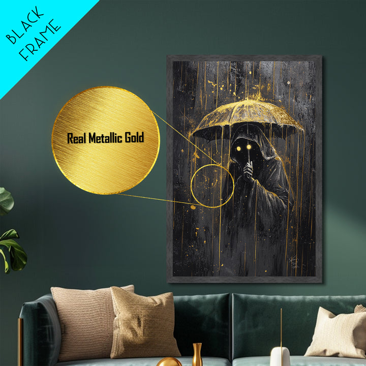 Umbrella Phantom Figure – Creepy Metallic Gold Art, Spooky Season Gothic Metal Art, Haunted Rainy Night Framed in Real Wood