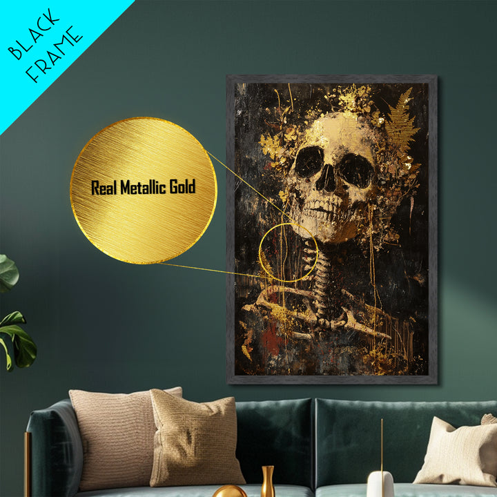 Skeleton with Floral Crown – Metallic Gold Art, Spooky Gothic Metal Art, Creepy Halloween Skeleton Decor in Natural Wood Frame