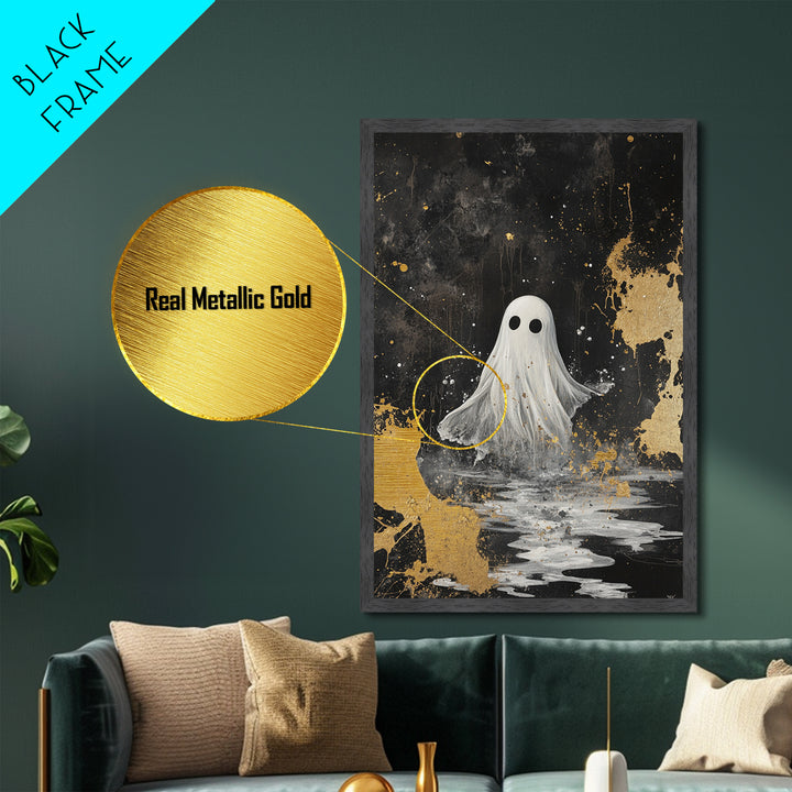 Haunted Ghost Metallic Gold Art, Spooky Season Metal Art with Natural Wood Frame, Gothic Halloween Wall Decor Accent