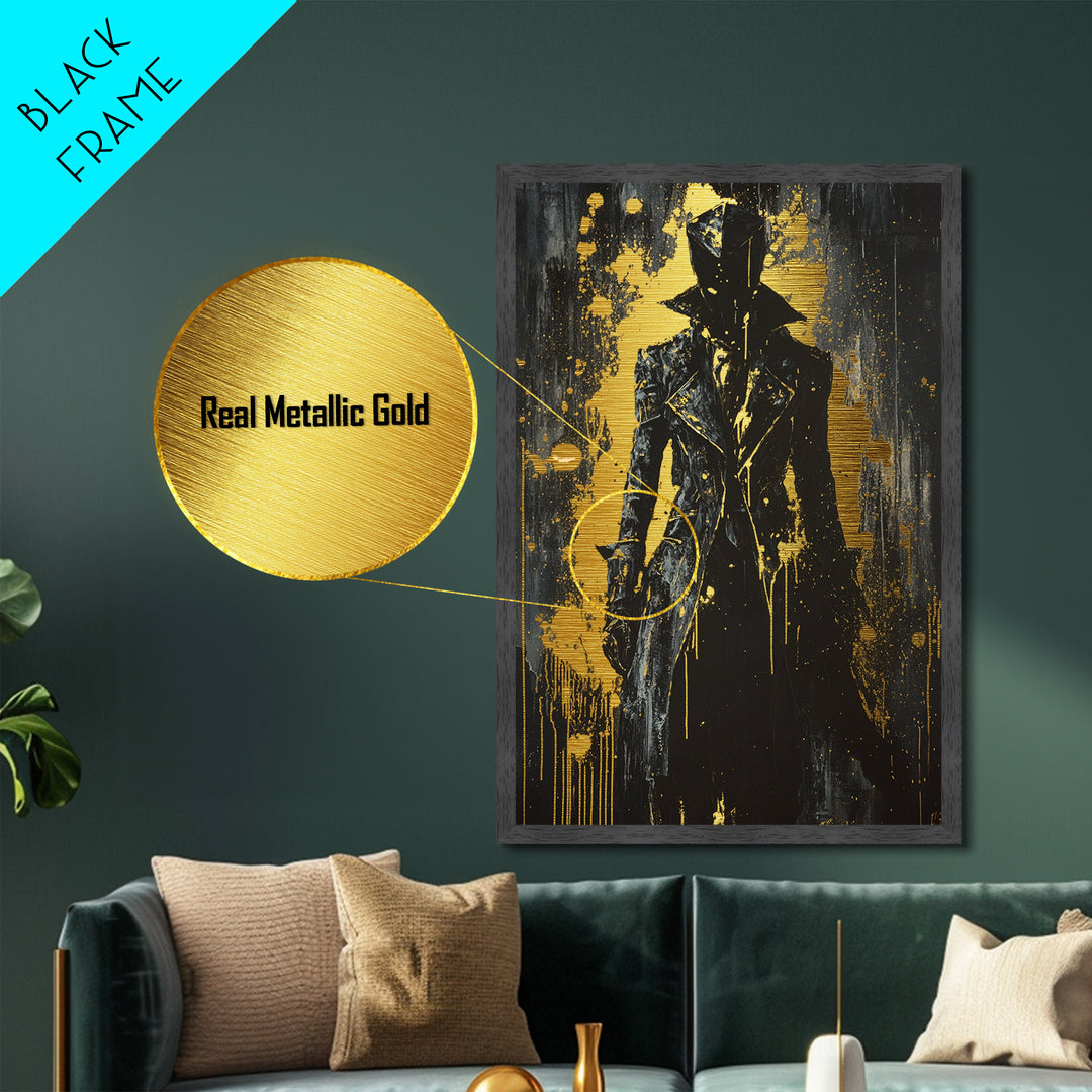 Dark Shadow Figure Metal Art, Gothic Horror Metallic Gold Art Framed in Real Wood, Creepy Haunted Halloween Wall Hanging