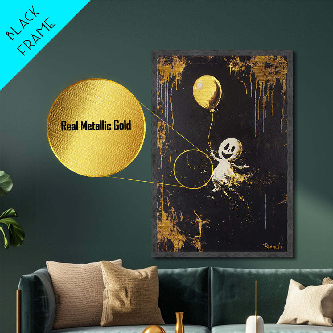Cute Ghost Metallic Gold Art Metal Art, Spooky Halloween Wall Art with Balloon, Framed in Real Wood for Seasonal Decor