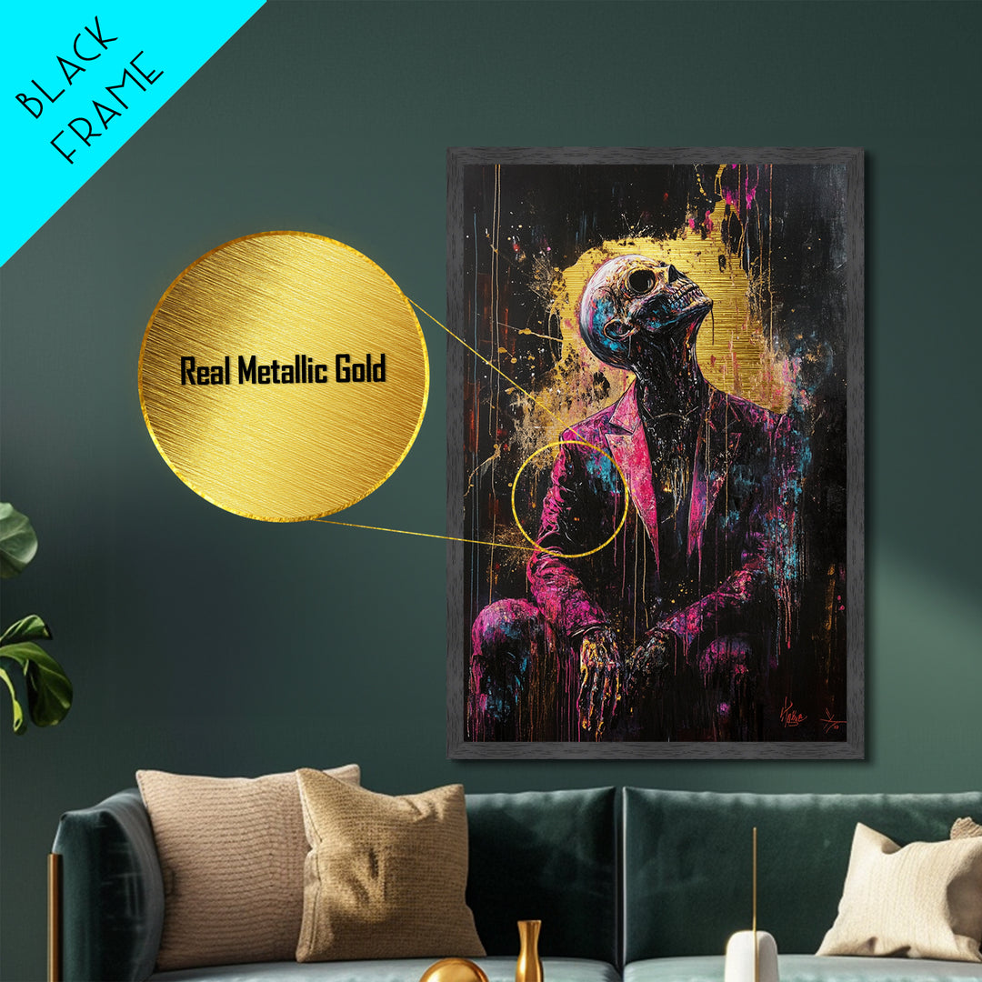 Skeleton Gentleman Gothic Metal Art, Vibrant Horror Metallic Gold Art with Real Wood Frame, Creepy Halloween Wall Decor