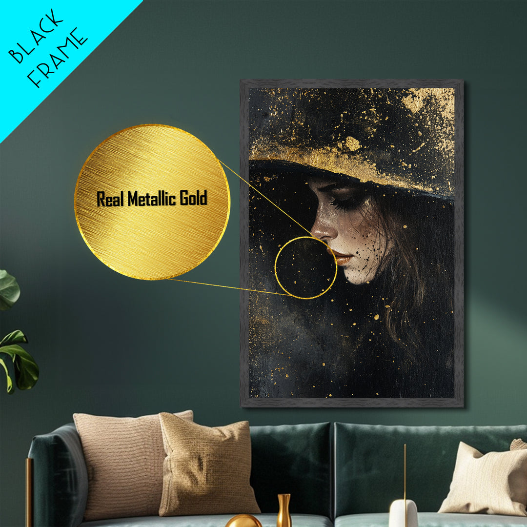 Mystical Witch Portrait Metallic Gold Art, Dark Gothic Metal Art with Framed Natural Wood, Haunted Spooky Season Wall Art