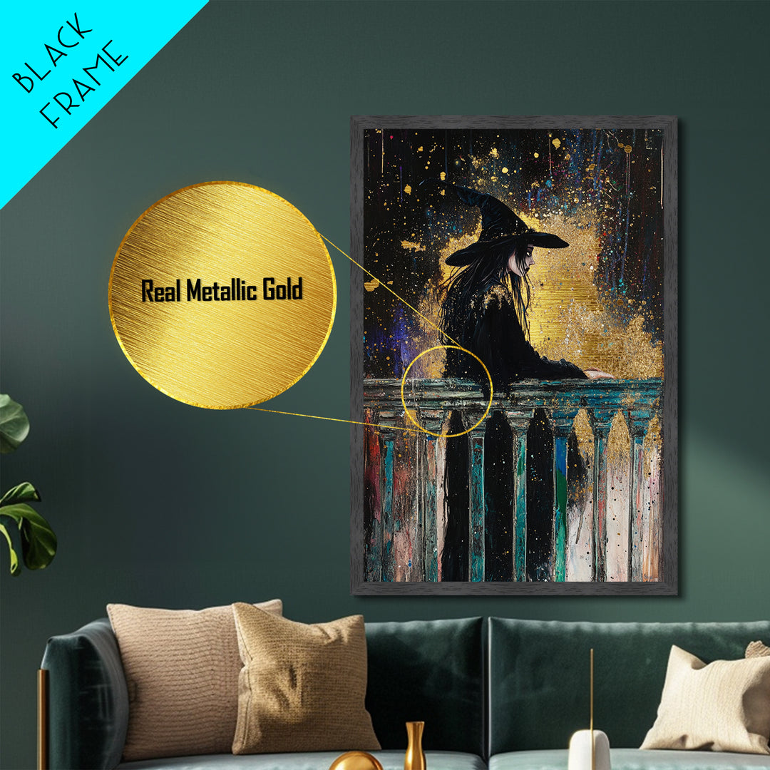 Witch on Balcony Gothic Metal Art, Spooky Metallic Gold Art with Wooden Frame, Halloween Haunted Season Wall Decor Accent