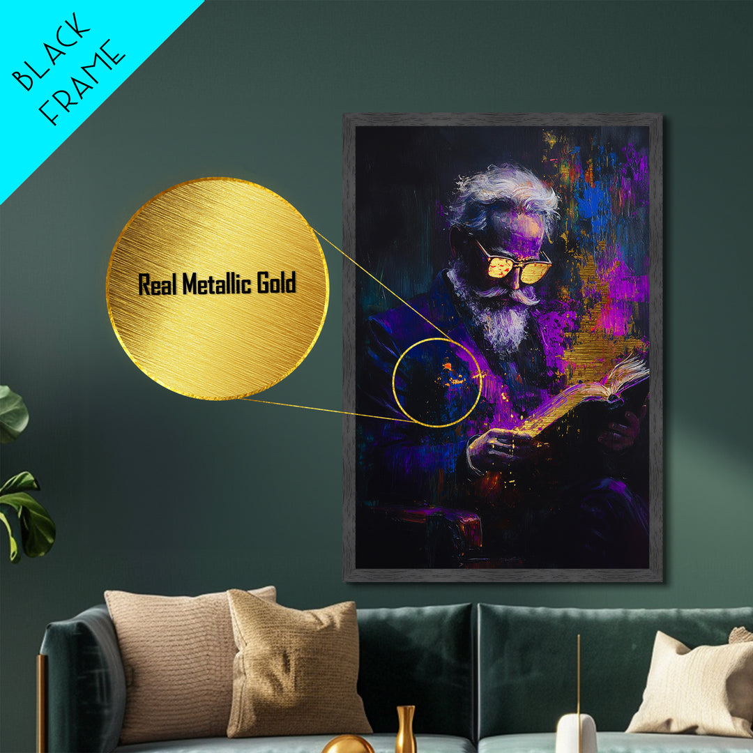 Haunted Scholar Metallic Gold Art Metal Art Gothic Halloween Painting with Real Wood Frame Spooky Reading Room Wall Decor