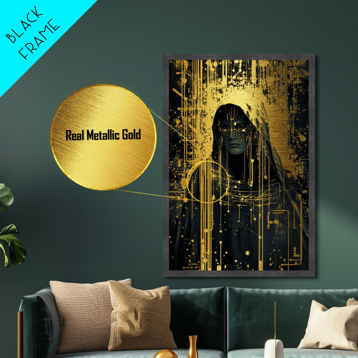 Cyber Witch Metallic Gold Art Metal Art, Futuristic Gothic Halloween Portrait, Spooky Season Wall Hanging in Wood Frame
