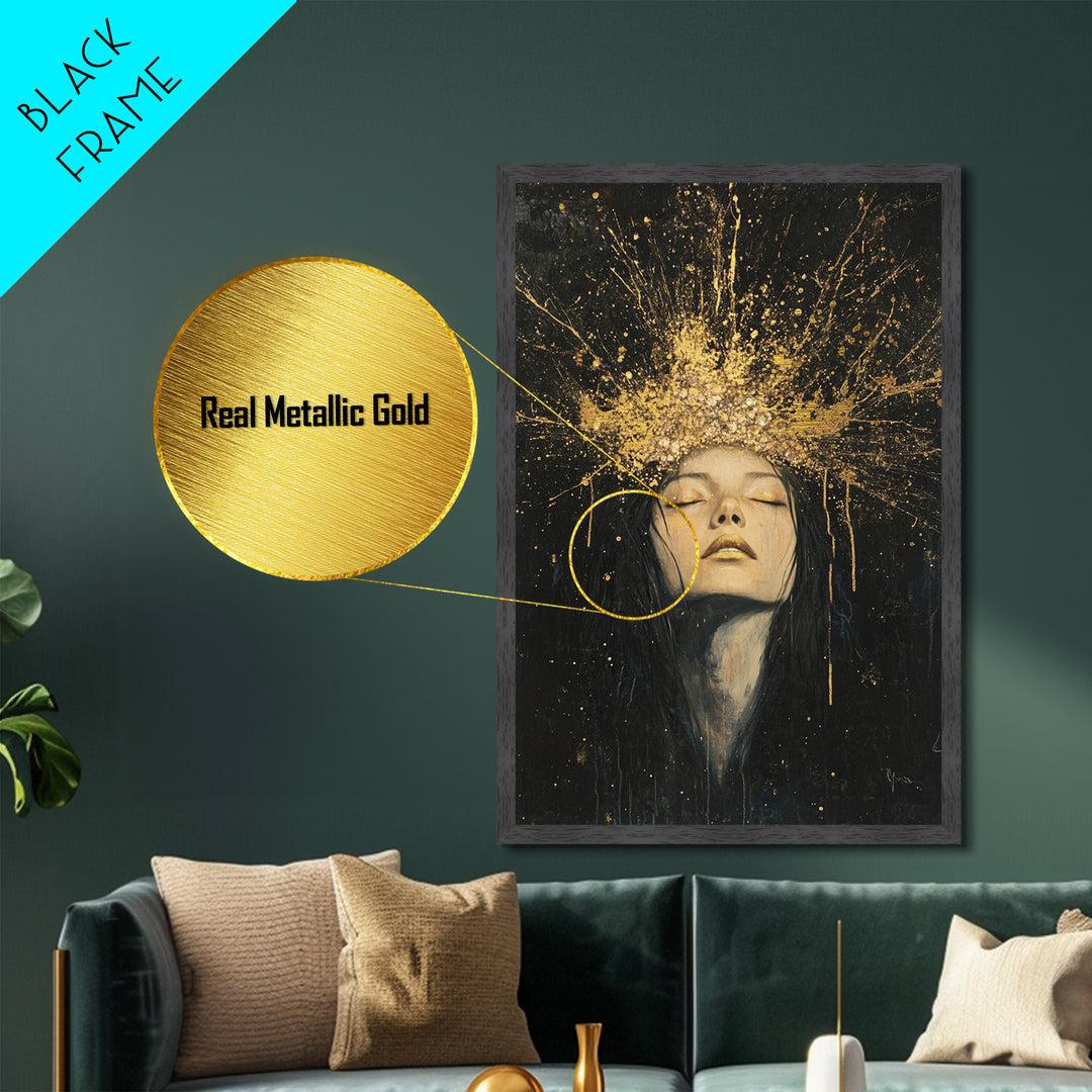 Witchy Crown Metallic Gold Art Metal Art Haunted Spells Halloween Portrait Framed in Real Wood Spooky Season Gothic Decor