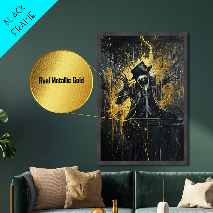 Top Hat Horror Metallic Gold Art Metal Art Gothic Creepy Halloween Painting with Real Wood Frame Haunted Spooky Season Decor