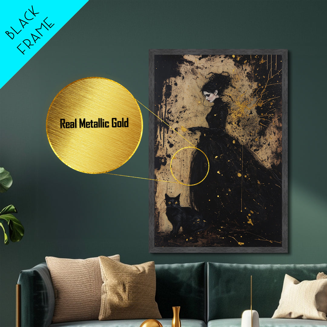 Gothic Witch Metallic Gold Art Metal Art Haunted Woman and Black Cat Framed in Natural Wood Spooky Halloween Wall Artwork