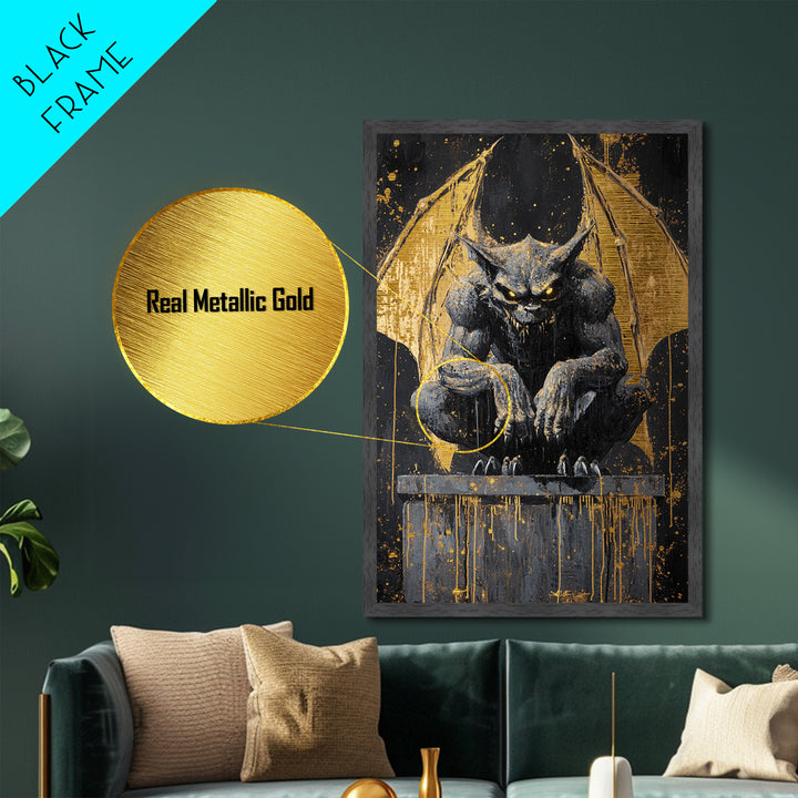 Gargoyle Metallic Gold Art Metal Art Gothic Demon Halloween Statue Painting Framed in Real Wood Spooky Haunted Wall Artwork