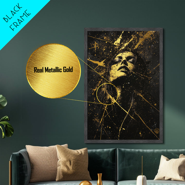 Witchy Glow Metallic Gold Art Metal Art Haunted Woman Halloween Portrait with Gold Splatter Framed in Real Wood Spooky Decor