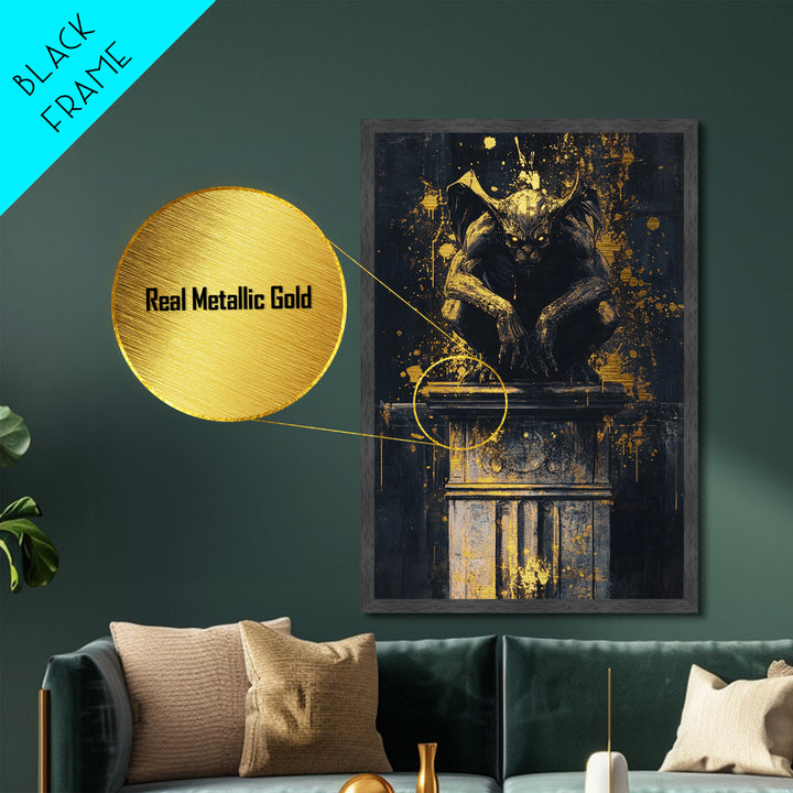Gothic Gargoyle Metallic Gold Art Metal Art | Haunted Wall Decor with Real Wood Frame for Spooky Season and Halloween Vibes