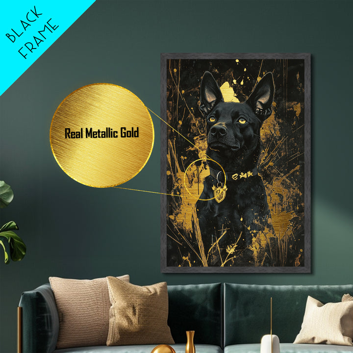 Halloween Black Dog Metallic Gold Art Metal Art | Spooky Pet Portrait Wall Decor Framed in Natural Wood Gothic Style