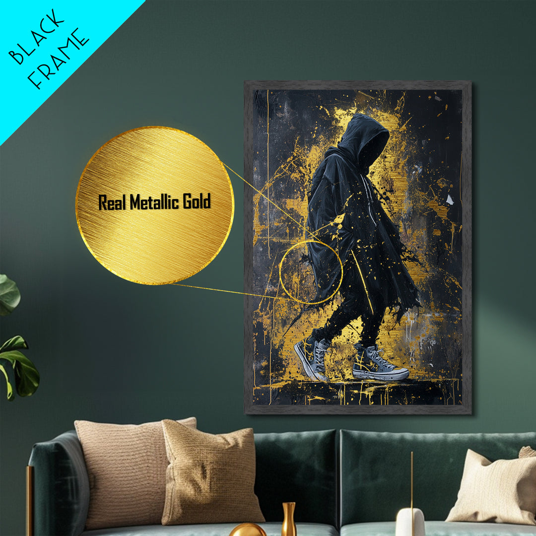 Creepy Hooded Figure Metallic Gold Art Metal Art | Spooky Season Wall Art Framed in Real Wood | Halloween Haunted Decor