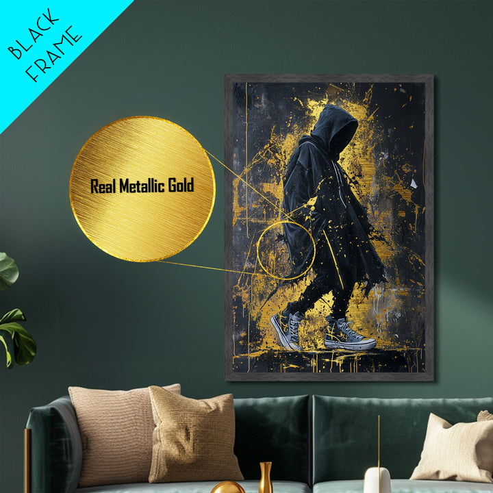 Creepy Hooded Figure Metallic Gold Art Metal Art | Spooky Season Wall Art Framed in Real Wood | Halloween Haunted Decor