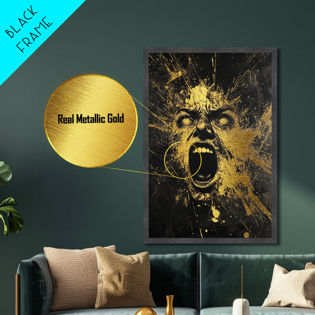 Horror Scream Face Metallic Gold Art Metal Art | Haunted Gothic Halloween Wall Art in Real Wood Frame | Spooky Home Accent