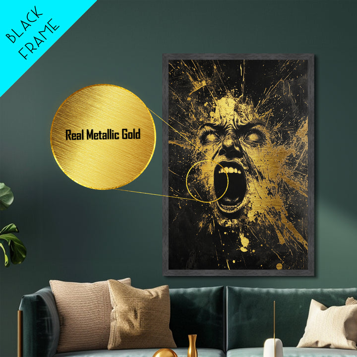 Horror Scream Face Metallic Gold Art Metal Art | Haunted Gothic Halloween Wall Art in Real Wood Frame | Spooky Home Accent