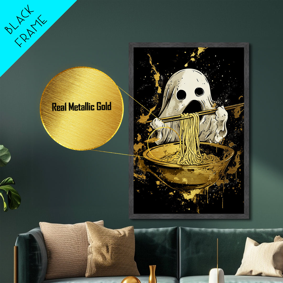 Ghost Ramen Metallic Gold Art Metal Art, Funny Spooky Halloween Wall Art, Noodle Lover Haunted Decor in Real Wood Frame