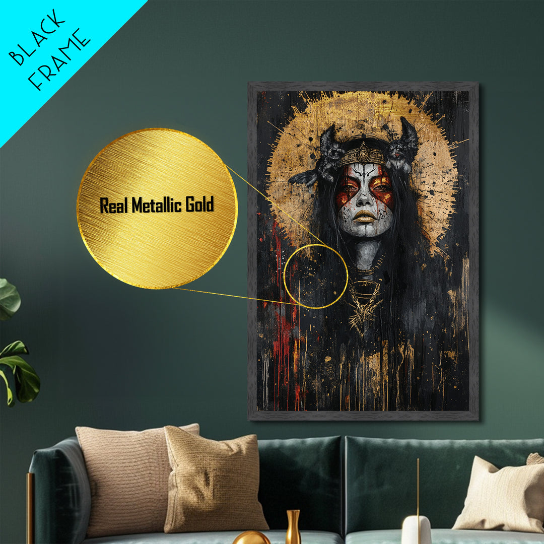 Witch Queen Portrait Metallic Gold Art Metal Art | Gothic Halloween Wall Decor with Natural Wood Frame | Spooky Witchy Design