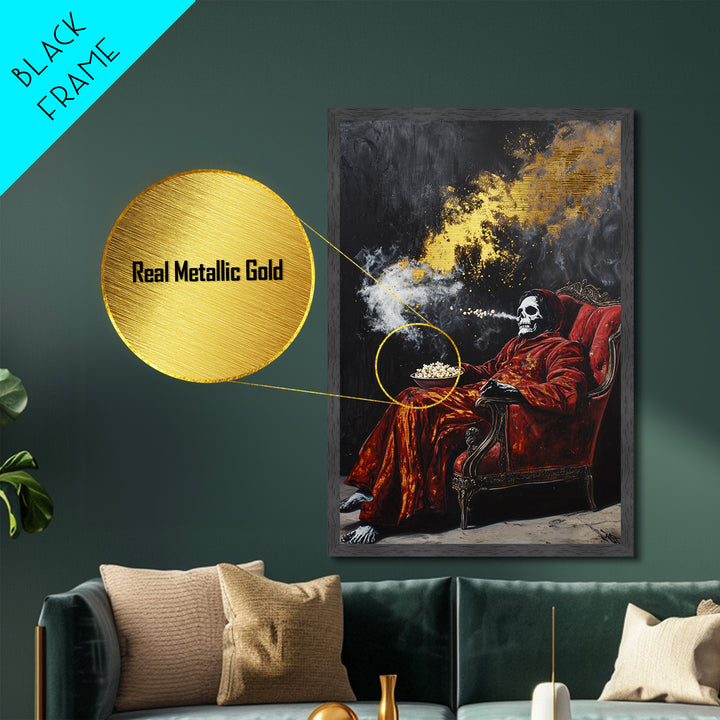 Skeleton in Red Chair Metallic Gold Art Metal Art | Creepy Halloween Wall Art Framed in Natural Wood | Spooky Horror Decor