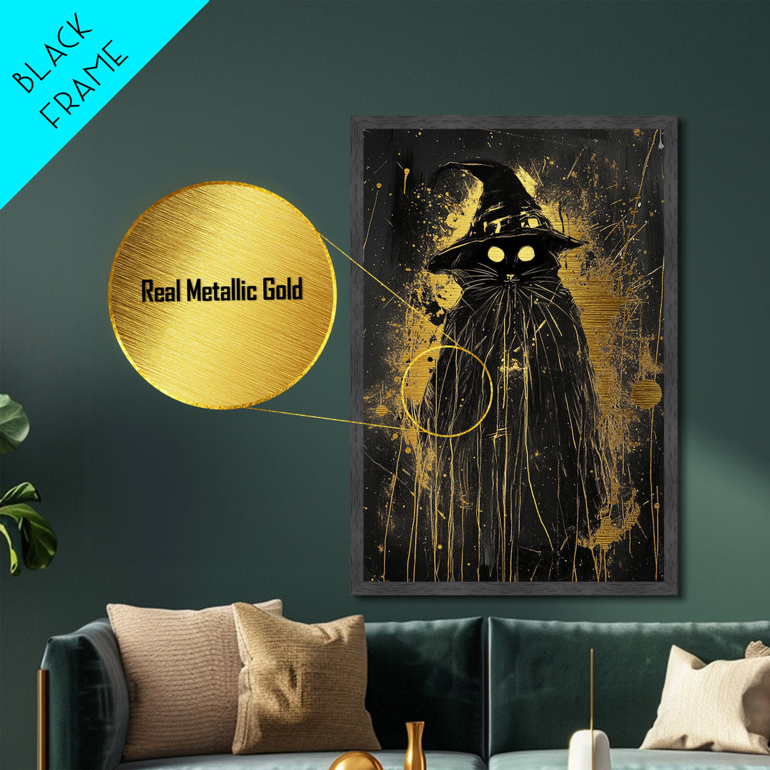 Black Cat Witch Metallic Gold Art Metal Art | Spooky Halloween Wall Decor in Real Wood Frame | Gothic Witchy Haunted Accent