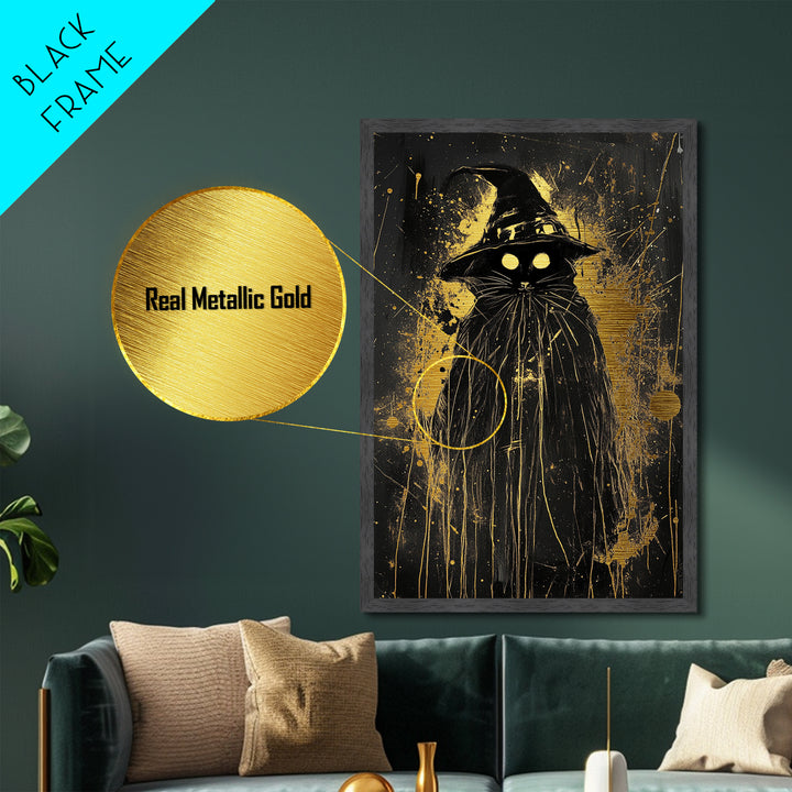 Black Cat Witch Metallic Gold Art Metal Art | Spooky Halloween Wall Decor in Real Wood Frame | Gothic Witchy Haunted Accent