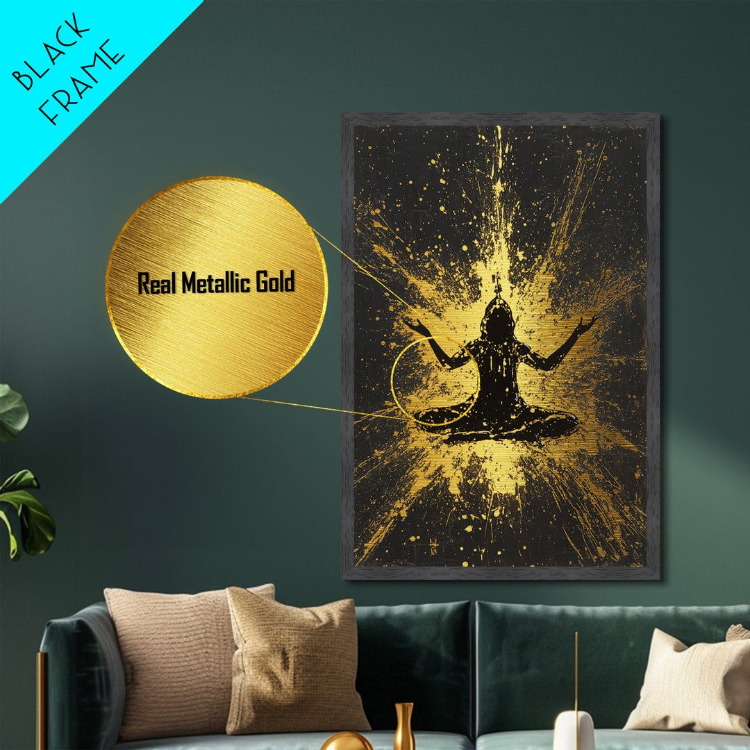 Meditating Spirit Metallic Gold Art Metal Art | Spooky Halloween Wall Decor Framed in Natural Wood | Haunted Gothic Accent
