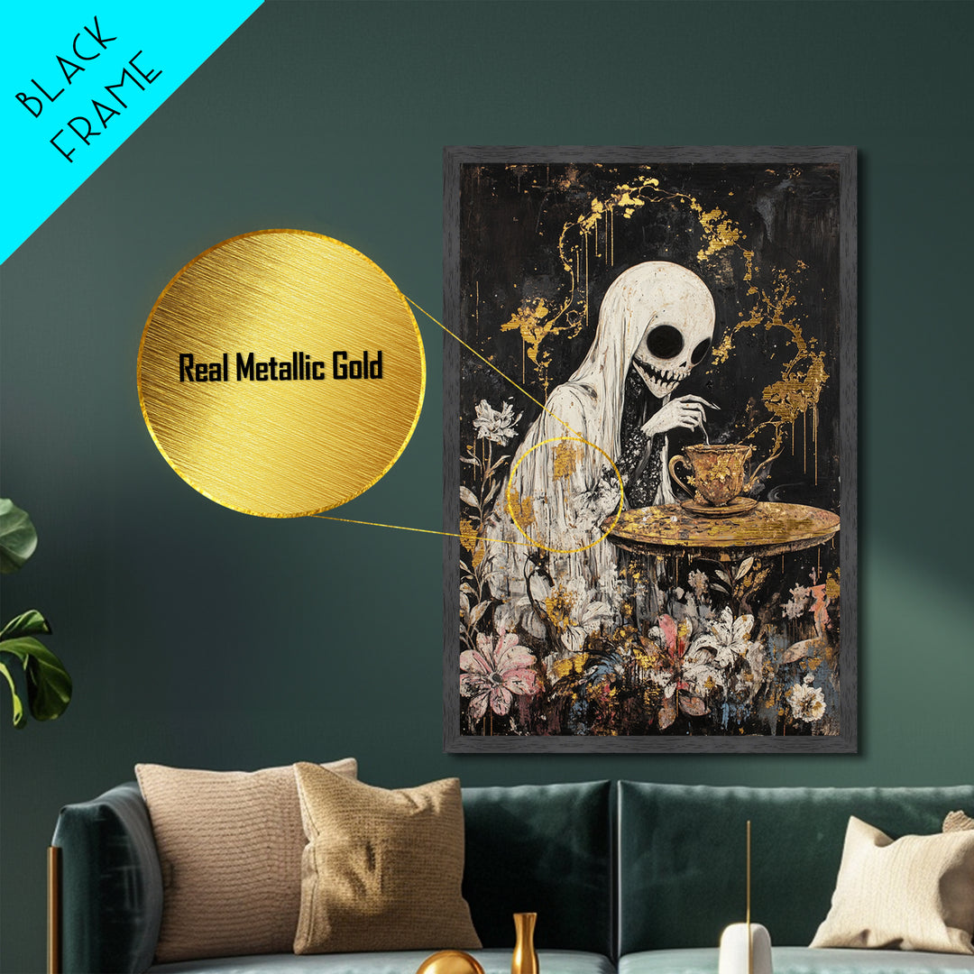 Creepy Skeleton Tea Party Metallic Gold Art, Haunted Horror Metal Art in a Real Wood Frame, Gothic Halloween Wall Hanging
