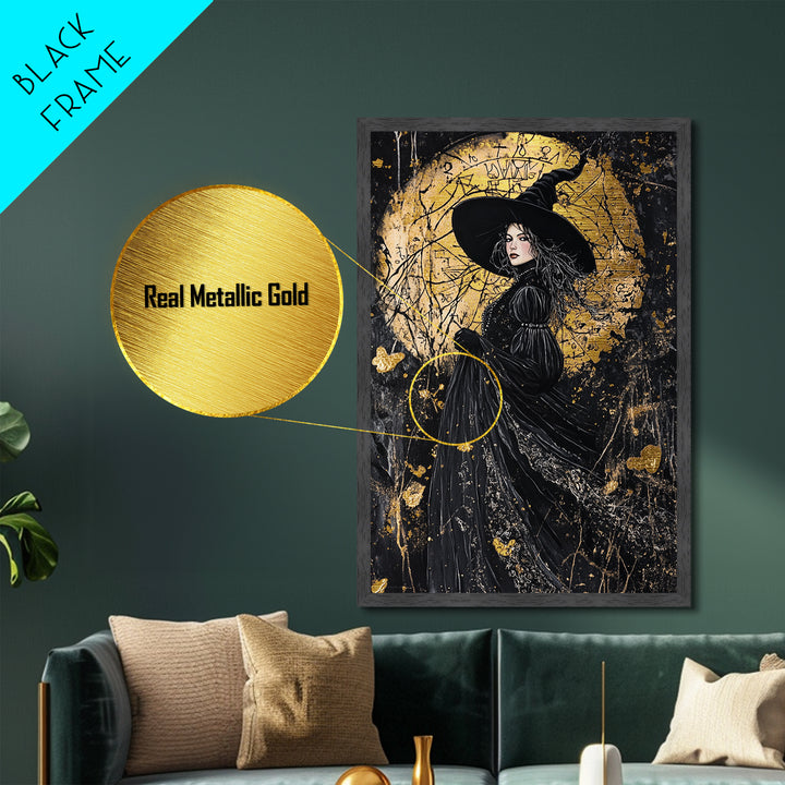 Occult Witch Portrait Metallic Gold Art with Spells, Gothic Sorcery Metal Art Framed in Natural Wood, Spooky Halloween Decor