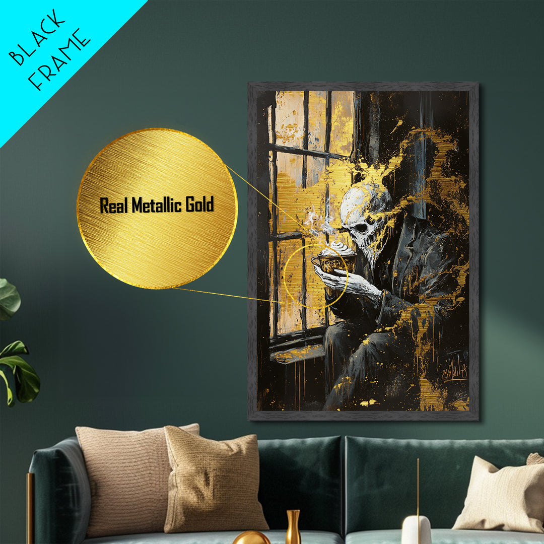 Haunted Skeleton by the Window Metallic Gold Art, Creepy Gothic Metal Art with Steam Cup Framed in Real Wood for Halloween