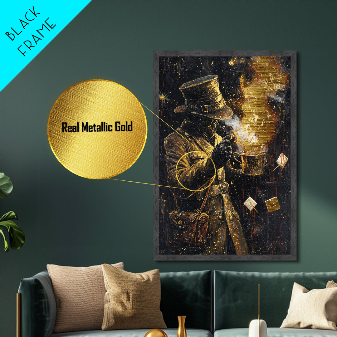 Haunted Gentleman with Fire Metallic Gold Art, Spooky Metal Art Painting, Gothic Horror Wall Decor Framed in Wood