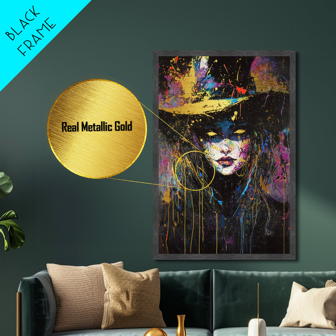 Colorful Witch Face Metallic Gold Art with Neon Splatter, Gothic Spooky Season Metal Art in a Real Wood Frame Halloween Print