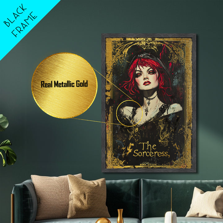 The Sorceress Gothic Portrait Metallic Gold Art, Dark Witchy Halloween Metal Art Framed in Natural Wood, Creepy Spooky Decor