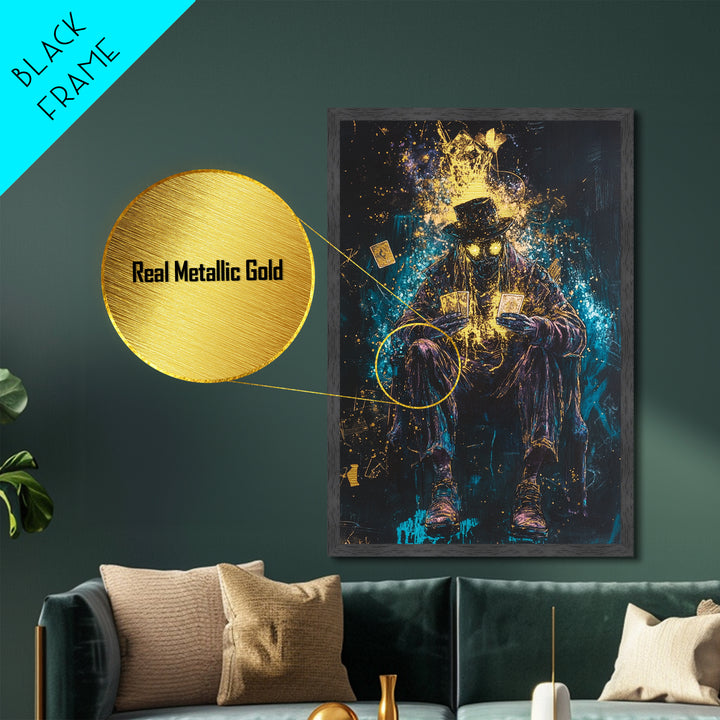 Tarot Card Reader Metallic Gold Art with Glowing Eyes, Gothic Fortune Teller Metal Art Framed in Real Wood for Spooky Season