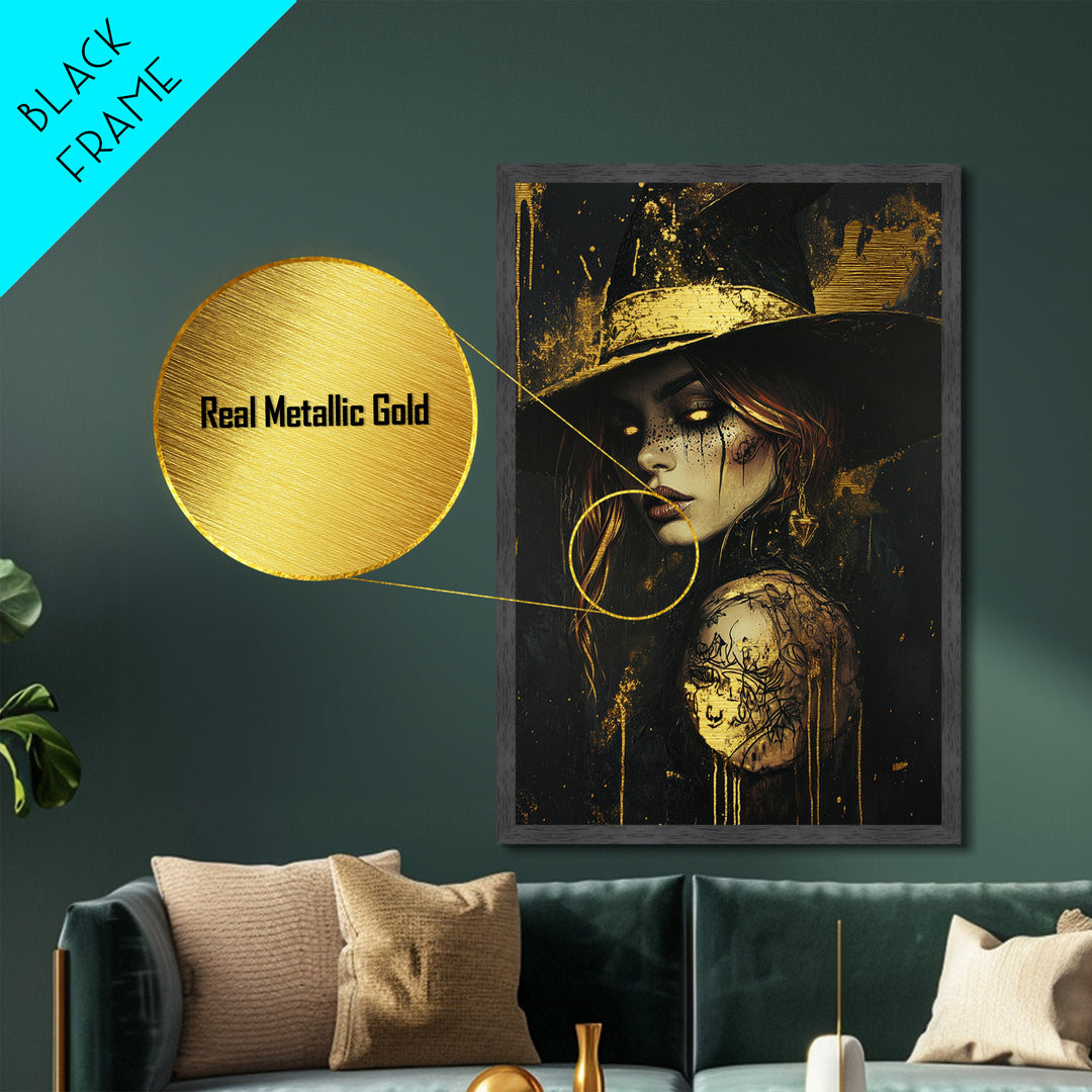 Mystic Witch Portrait Metallic Gold Art with Moon, Gothic Occult Halloween Metal Art in a Real Wood Frame, Spooky Wall Decor