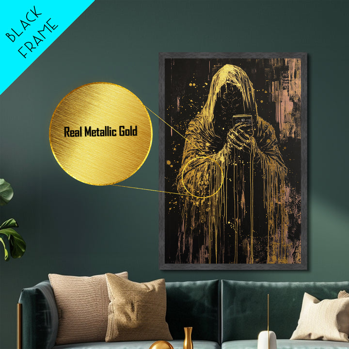 Grim Reaper with Cassette Metallic Gold Art, Haunted Spooky Horror Metal Art on Black Canvas with Real Wood Frame Halloween