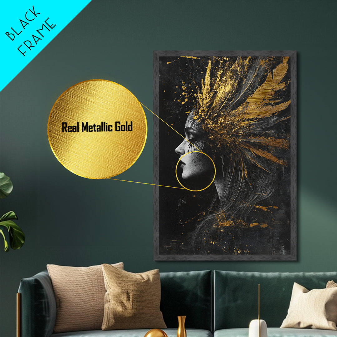 Haunted Horror Metallic Gold Art Metal Art on Canvas Framed in Real Wood – Spooky Season Gothic Halloween Wall