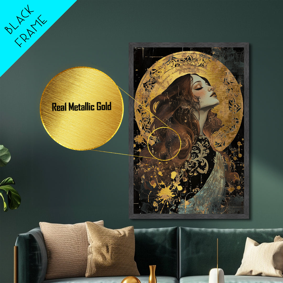 Metal Art Metallic Gold Art Gothic Witch Candle Scene – Halloween Spooky Season Print with Handmade Real Wood Frame
