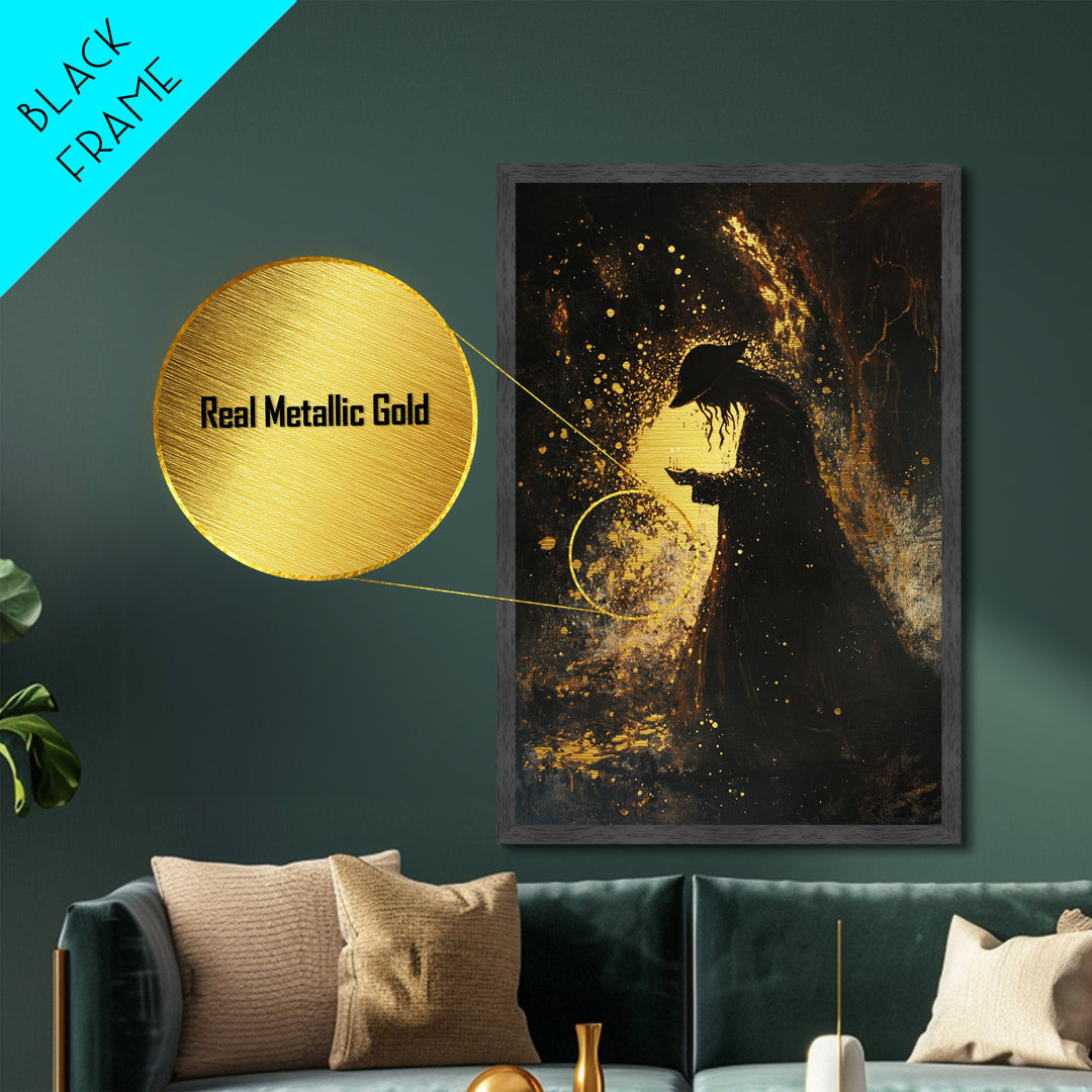 Spooky Gothic Metallic Gold Art Metal Art Skull Portrait – Halloween Horror Wall Hanging with Framed Natural Wood
