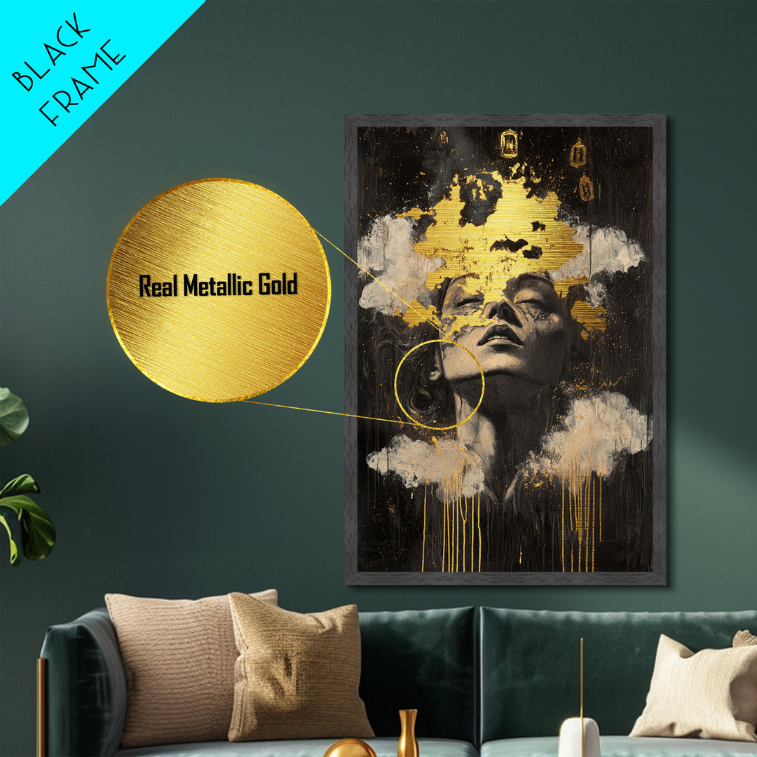 Haunted Dreams Metallic Gold Art, Gothic Spooky Season Metal Art Wall Décor, framed in natural real wood for Halloween